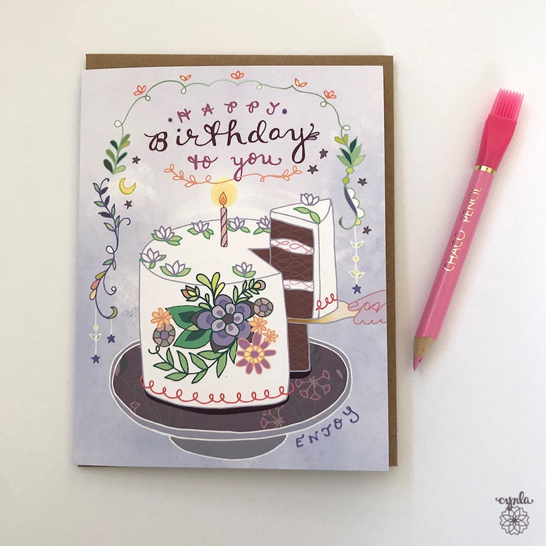 Birthday Cake Greeting Card birthday card, cake card, purple, pretty cake card, flowers, moon, happy birthday cake card greeting card paper image 1