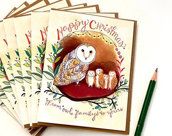 Woodland Owl Christmas Card BOX OF 8 - Owl family Xmas card, funny holiday greeting card, nature holiday card, bird lover Christmas gift