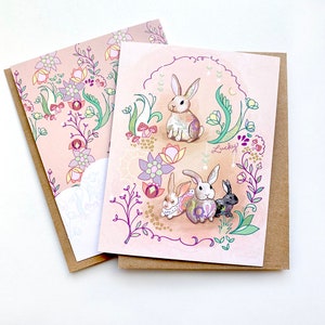 Lucky Bunnies greeting card - Bunny birthday card blank card, chinese zodiac new year bunny, Easter bunny Greeting Pink Spring floral rabbit