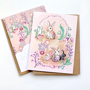Lucky Bunnies Grußkarte - Kaninchen Geburtstagskarte blanko, chinesisches Sternzeichen Neujahr Hase, Osterhase Gruß Rosa Frühling Blumen Kaninchen