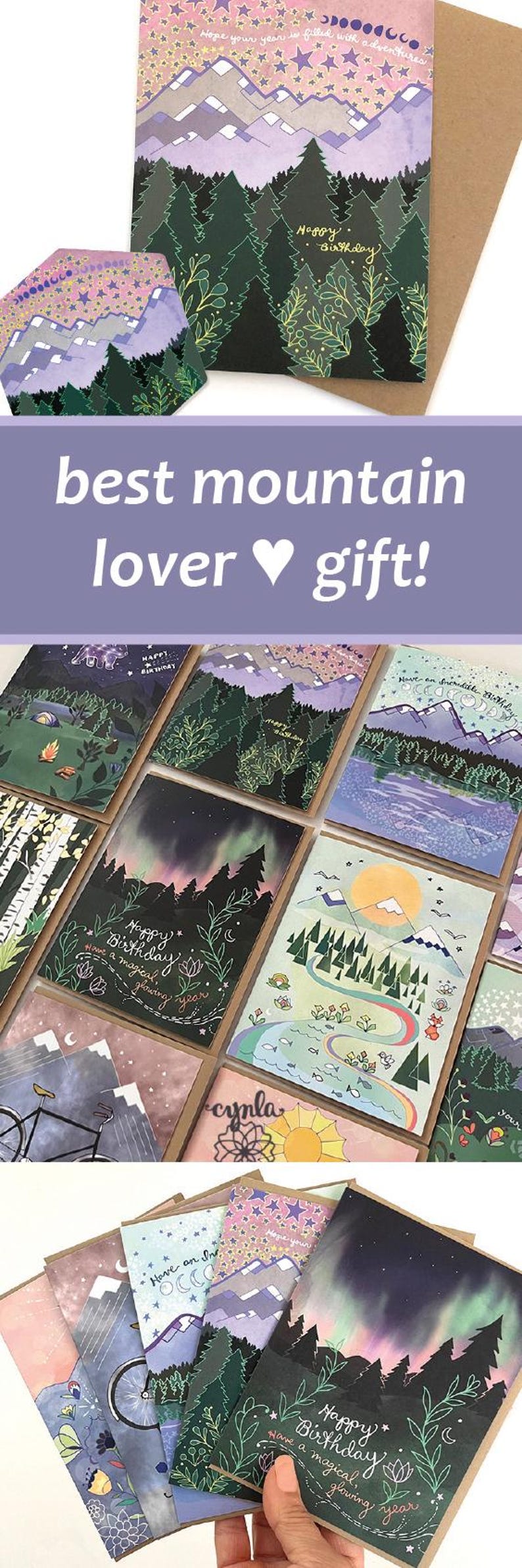 May include: A collection of illustrated greeting cards with mountain and forest scenes. The cards feature various designs, including mountains, trees, and the text "Happy Birthday". The phrase "best mountain lover gift!" is also visible.