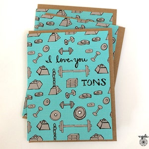 Je t'aime des tonnes - Carte d'amour La carte de la Saint-Valentin pèse des tonnes d'immenses cartes de voeux d'amour, carte d'amour pour l'haltérophilie, carte d'entraînement pour couple