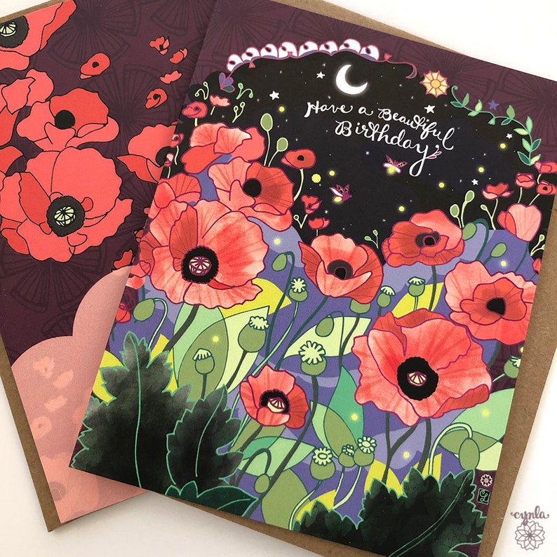 Poppies Birthday Card flower greeting card, flower birthday card, garden card, starry night, fireflies, poppy, poppy birthday card image 4