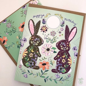 Moon Bunnies Greeting Card - bunny birthday card, bunny card rabbit card, moon, flowers, bunnies, easter birthday, rabbit greeting card