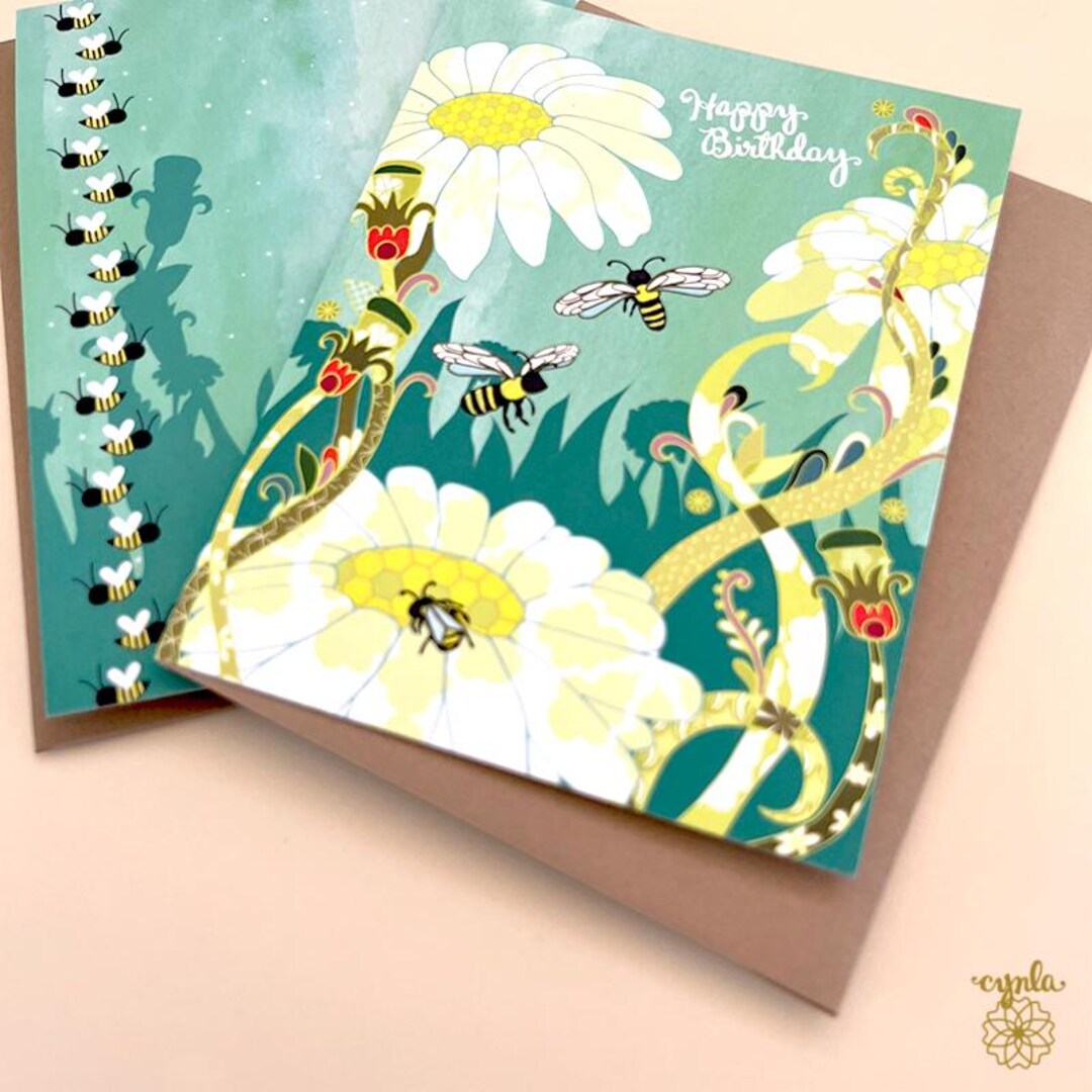 Bee Happy Birthday Card Floral Garden Lover Gift Spring Bloom Gardener ...