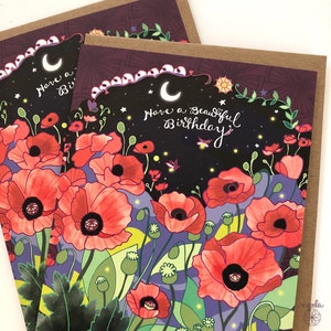 Poppies Birthday Card flower greeting card, flower birthday card, garden card, starry night, fireflies, poppy, poppy birthday card image 2