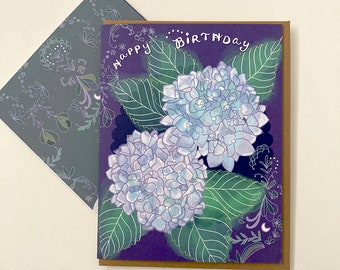 Hydrangea Greeting Card - flower birthday card, pretty purple and blue flower card, florals, hydrangeas, gardening, flower garden, starry
