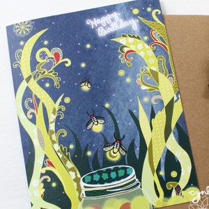 Fireflies Birthday Greeting Card - fireflies card, birthday card, kid birthday card, nature greeting card, nature card, glowing lights