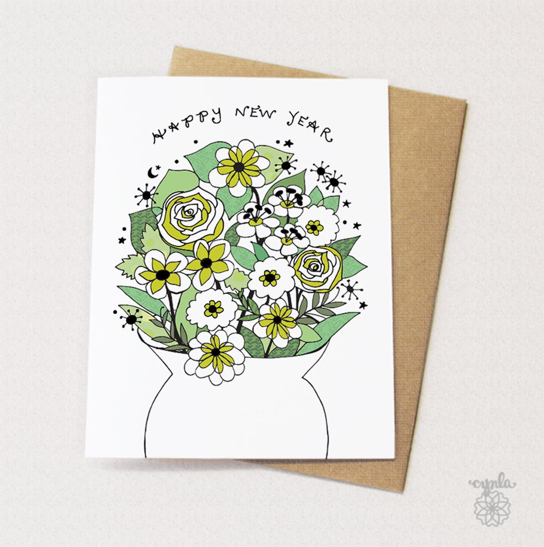 Happy New Year Flowers Greeting Card New Year Card, Flower Vase Etsy