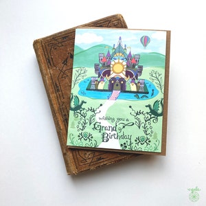 Carte de voeux château - carte d'anniversaire, anniversaire d'enfant, dragon, conte de fées, anniversaire de princesse, carte de voeux d'enfant, terre magique,