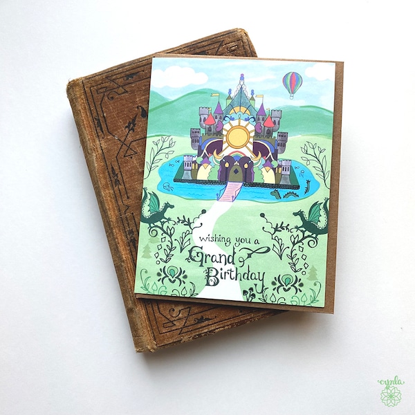 Castle Greeting card - birthday card, kid birthday, dragon, fairy tale, princess birthday, children's greeting card, magical land,