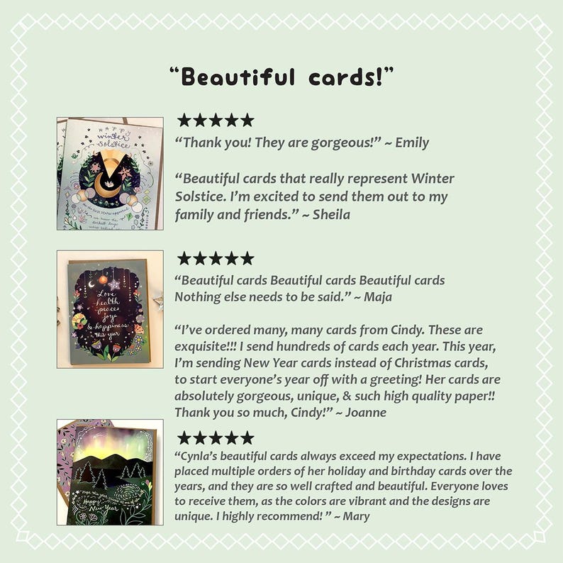 May include: A customer review graphic featuring the text Beautiful cards! and five-star ratings. It displays three distinct greeting cards with illustrations of the Winter Solstice, celestial motifs, and a northern lights landscape with pine trees.