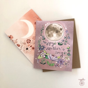 Tarjeta de la Luna del Día de la Madre - estrellas tarjeta de mamá flores día de las madres, tarjeta de felicitación de mamá, luna feliz del Día de la Madre, tarjeta de mamá púrpura, artículos de papel