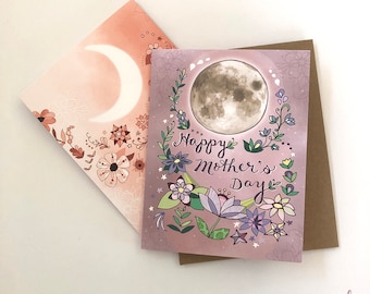 Mother's Day Moon Card -  stars mom card flowers mothers day, Mom Greeting Card, Happy Mother's Day moon, purple mom card, paper goods