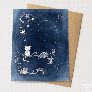 Starry Cat Birthday Card - Constellation and Dreaming about a fish - Pet Sympathy - Happy Birthday Kitten