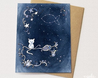 Starry Cat Birthday Card - Constellation and Dreaming about a fish - Pet Sympathy - Happy Birthday Kitten