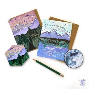 Mountain Shore Birthday Greeting Card mountains lake forest adventure birthday camping card trees stars wilderness outdoor lover card hiker 2 cards + 2 stickers