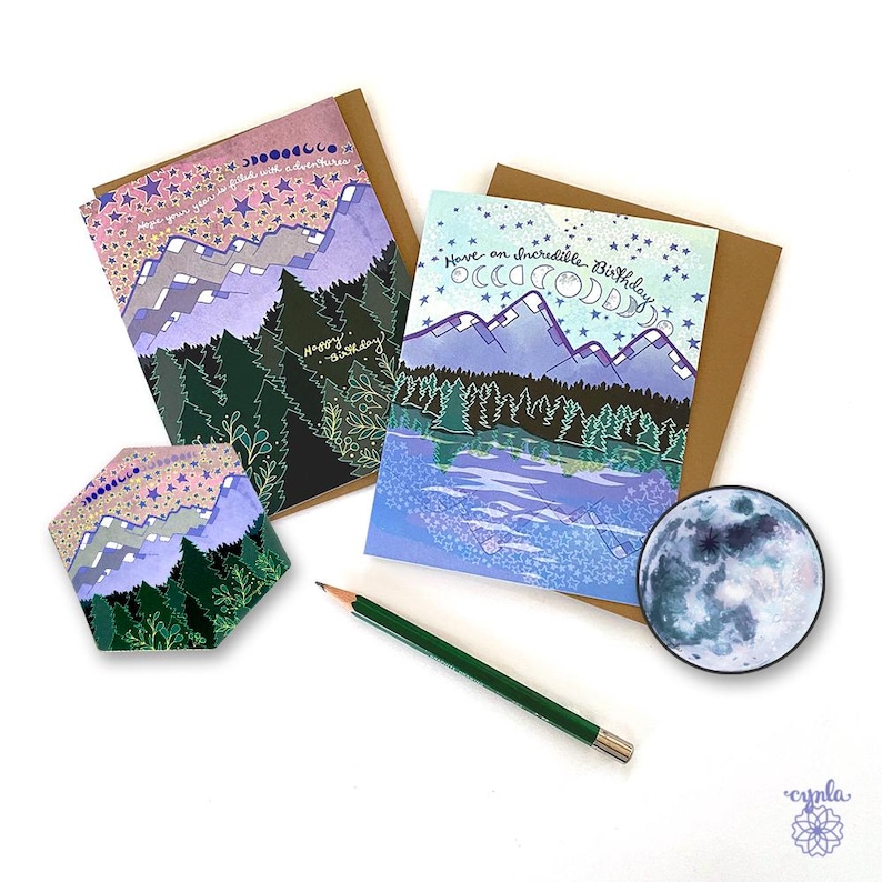 Mountain Shore Birthday Greeting Card mountains lake forest adventure birthday camping card trees stars wilderness outdoor lover card hiker 2 cards + 2 stickers