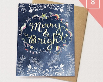 Starry Christmas Greeting Cards BOX of 8 - Merry & Bright Card, Paper goods, Stationery, Stars, Neutral Holiday Card