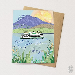 Cartão Ferryboat Washington - cartão de felicitações de ferryboat, montanhas de Washington, cartão do Monte Rainier, cartão de montanha, artigos de papelaria Cynla, cartões da cidade