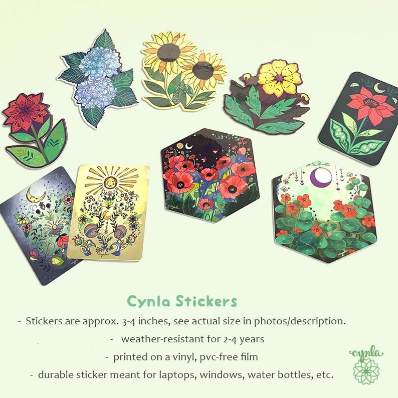 May include: A collection of colorful vinyl stickers featuring floral and celestial designs. The stickers include images of sunflowers, poppies, and other flowers, as well as tarot card-style illustrations. The stickers are approximately 3-4 inches in size.
