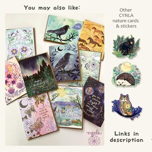 May include: A collection of nature-themed greeting cards and stickers. The cards feature illustrations of birds, butterflies, and landscapes. The color palette includes blues, greens, and purples. Text on the cards includes "Happy Birthday" and "Hello".