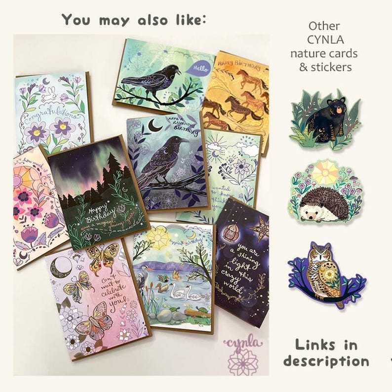 May include: A collection of nature-themed greeting cards and stickers. The cards feature illustrations of birds, butterflies, and landscapes. The color palette includes blues, greens, and purples. Text on the cards includes "Happy Birthday" and "Hello".