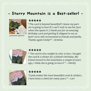 May include: Image of customer reviews for Starry Mountain cards and stickers. The reviews are accompanied by photos of the products, showcasing the design and quality. The text includes customer testimonials and ratings.
