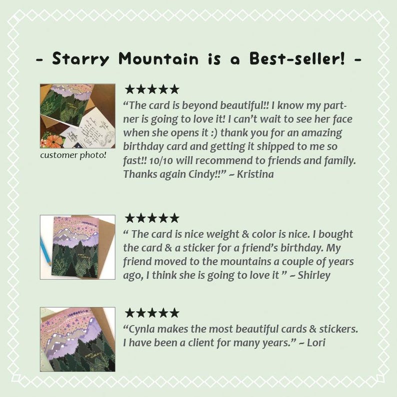 May include: Image of customer reviews for Starry Mountain cards and stickers. The reviews are accompanied by photos of the products, showcasing the design and quality. The text includes customer testimonials and ratings.