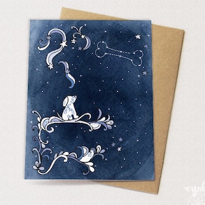 Starry Dog Happy Birthday Card - Star Constellation - Puppy dreaming about his bone - Pet sympathy