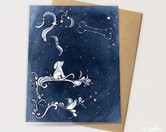 Starry Dog Happy Birthday Card - Star Constellation - Puppy dreaming about his bone - Pet sympathy