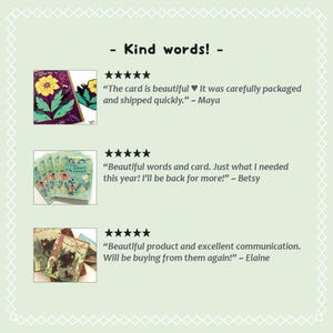 May include: A light green background with the words "Kind words!" and customer reviews. The reviews include text and star ratings. The reviews mention the card is beautiful, the product is excellent, and the communication is great.