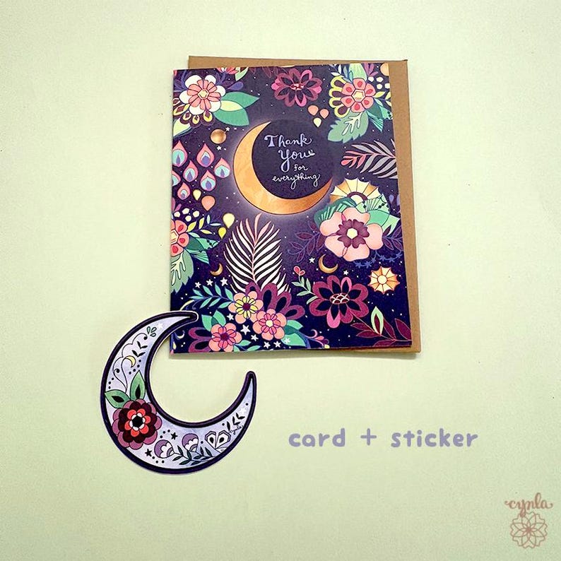 Moon floral Thank you card for friend wildflower paper good heartfelt thanks step mom Art by Cindy LaColla ©cynla