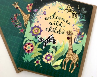 Welcome Baby Card - wild child safari greeting card new baby zebra tige, giraffe moon sun baby shower card baby boy baby girl cards wild