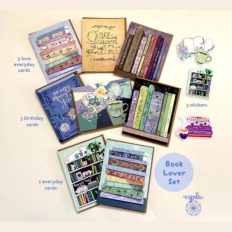 May include: A book lover set featuring greeting cards and stickers. The set includes cards with book and floral designs, and stickers with teacups and bookshelves. The text on the cards includes "Once upon a time" and "The Most Amazing Year".