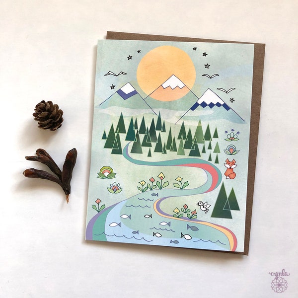 Life in the mountains card,  mountainside flowers field, nature stationery, national parks hiking, great outdoors, mountain life travel