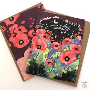 Poppies Birthday Card flower greeting card, flower birthday card, garden card, starry night, fireflies, poppy, poppy birthday card image 6