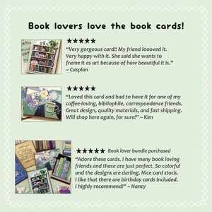 May include: The image showcases a collection of book-themed cards with customer reviews. The cards feature illustrations of bookshelves, coffee cups, and floral designs. Text on the cards reads "Book lovers love the book cards!" and includes customer testimonials.