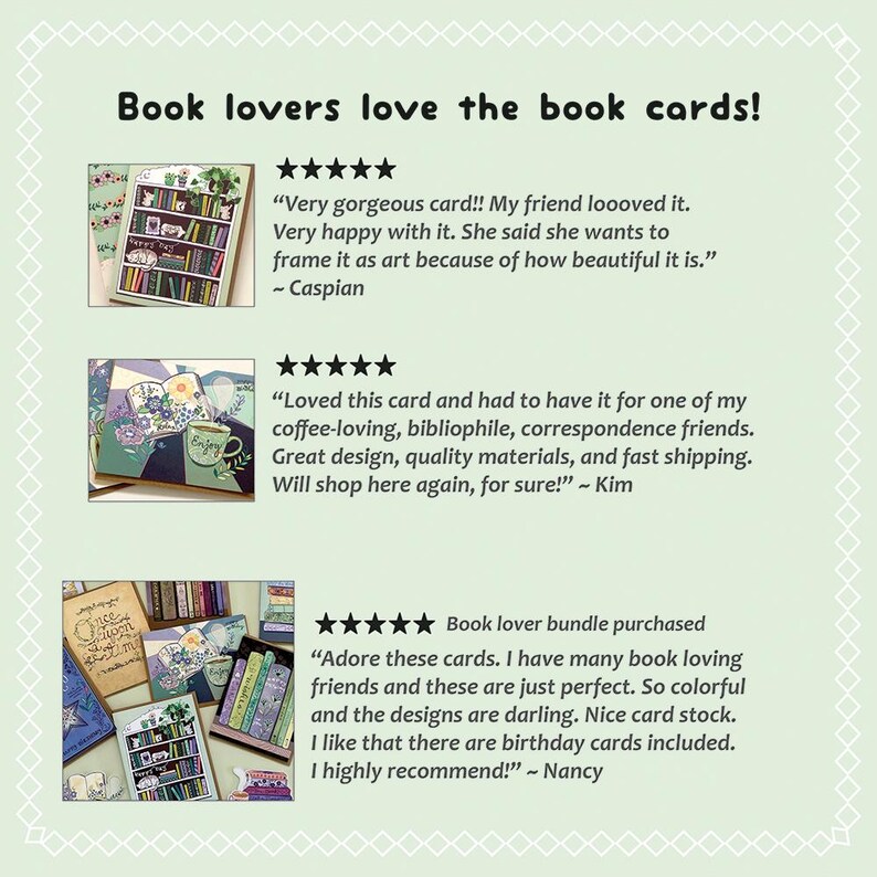 May include: The image showcases a collection of book-themed cards with customer reviews. The cards feature illustrations of bookshelves, coffee cups, and floral designs. Text on the cards reads "Book lovers love the book cards!" and includes customer testimonials.