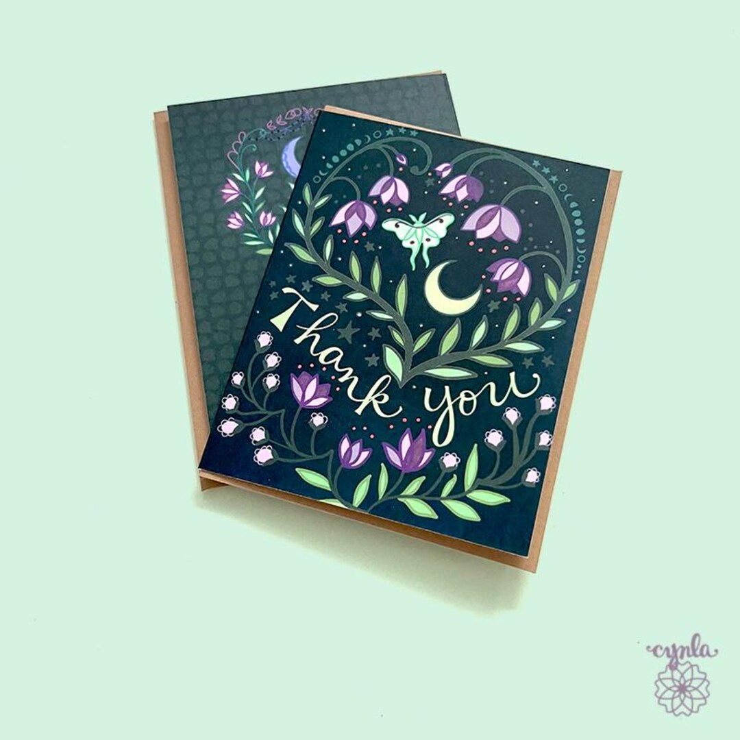 Luna Moth Crescent Moon Card Thank You Floral Greeting Card Witchy ...