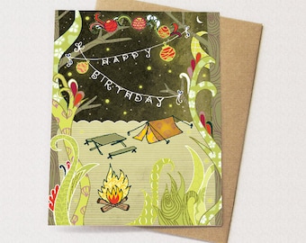 Camping Birthday Card - happy birthday, hand drawn illustration, birthday card