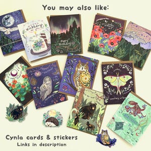 May include: A collection of illustrated greeting cards and stickers. The cards feature various designs, including owls, bears, floral arrangements, and landscapes. Text on the cards includes "Happy Birthday" and "Birthday to You". The cards are displayed with the text "You may also like:" and "Cynla cards & stickers Links in description".