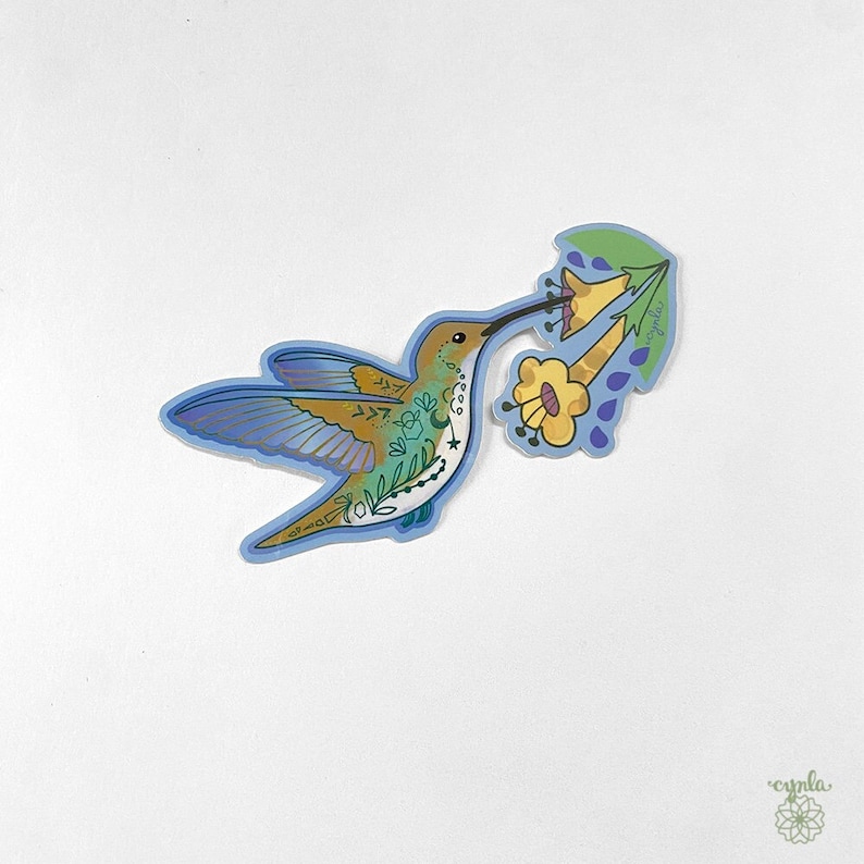 Hummingbird Sticker Blue Garden flower bird vinyl stickers, 3 inch vinyl, sticker for water bottle or laptop, bird watcher gift 画像 1