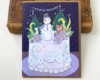 Snowman Cake Card - holiday greeting card, snowman fox bunny squirrel happy holidays snowmen