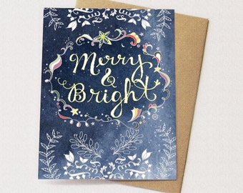 Starry Christmas Greeting Card - Merry & Bright Card, Paper goods, Stationery, Stars, Neutral Holiday Card