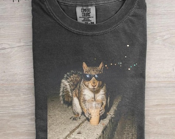 Squirrel With Sunglasses And Iced Coffee Shirt, Funny Animal Meme Tee, Cool Squirrel Graphic Top, Coffee Lover Gift, Indie Streetwear