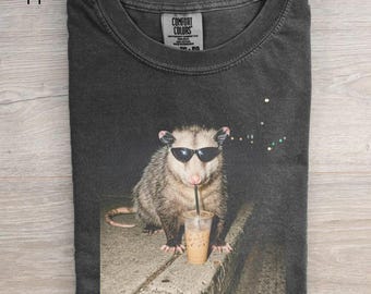 Opossum With Sunglasses And Iced Coffee Shirt, Funny Trash Panda Meme Tee, Cool Opossum Graphic Top, Coffee Lover Gift, Indie Streetwear
