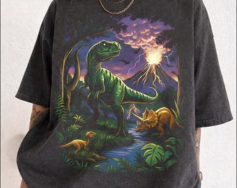 Vintage Dinosaur Shirt, Retro T-Rex Volcanic Tee, Cute Triceratops Gift, 90s Aesthetic Graphic T-shirt, Cool Prehistoric Nature Top