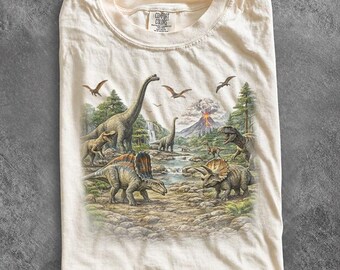 Vintage Dinosaur Shirt, Retro 90s Prehistoric Nature Tee, Volcano Landscape Gift, Aesthetic Dino Nerd Graphic Comfort Wildlife T-shirt