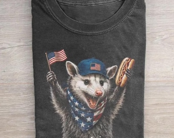 American Opossum Shirt, Patriotic Possum Tee, Funny 4th of July Graphic T-Shirt, USA Flag Hot Dog Apparel, Funny Animal Summer Gift, Unisex